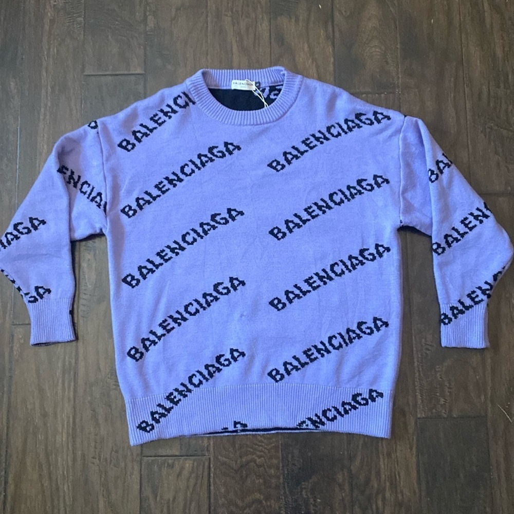 Balenciaga Purple Knit Sweater With Black Allover Logo In Size Large